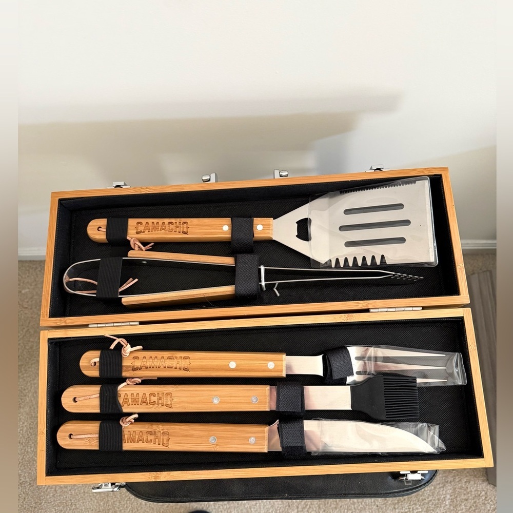 Bamboo BBQ Grill Tool Set - Silver and Brown